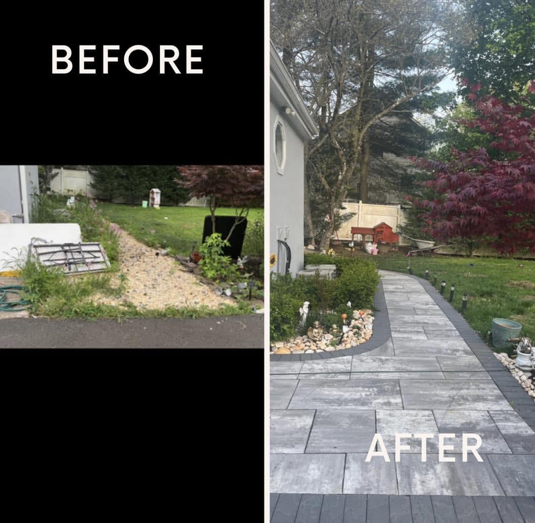 Before and after backyard makeover with custom slate paver walkway and river rock beds